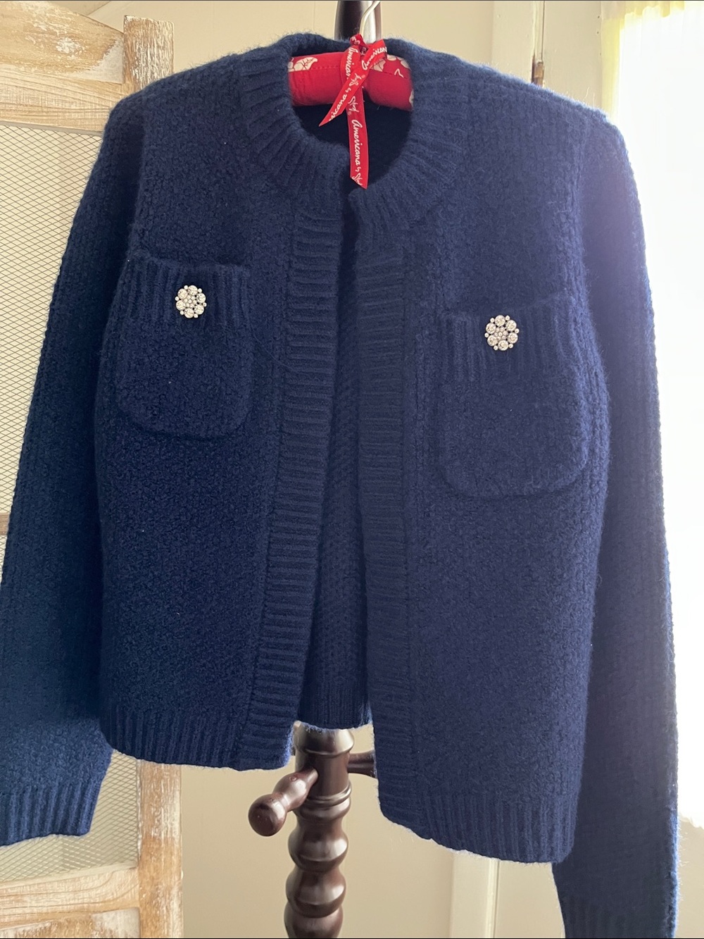 Ann Taylor Navy Blue Crewneck Cardigan with Jeweled Buttons